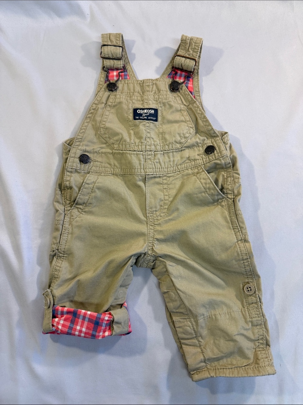 OshKosh B'gosh Olive Green Overalls with Red Plaid Lining
